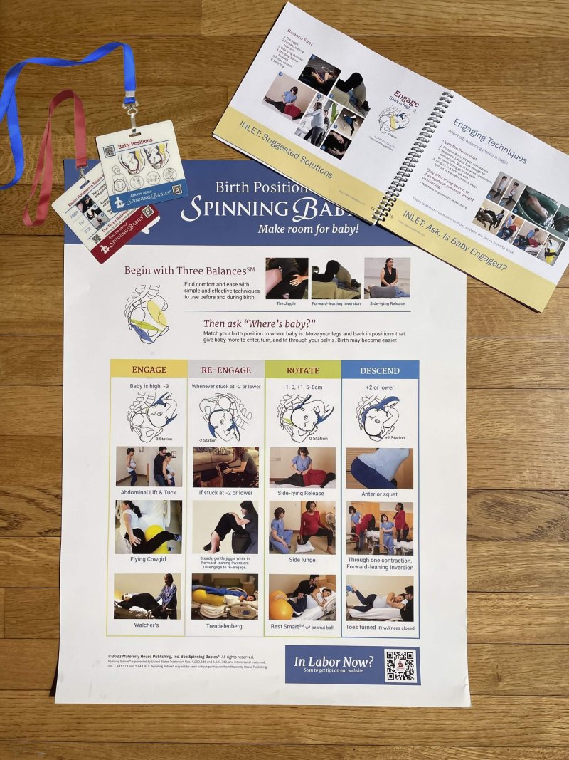 Real photo of the Spinning Babies birth care essentials pack with Quick Reference Guide, Birth Positions Poster, and Badge Buddies.